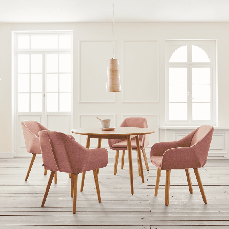 Essgruppe Lavender - Rosé 5-tlg. mit 1x Esstisch rund, 4x Esszimmerstuhl | Eiche naturfarben, lackiert / rosé | mypureliving