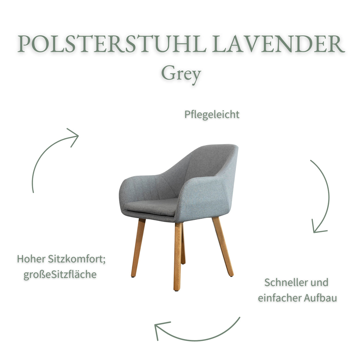 Essgruppe Lavender - Hellgrau 5-tlg. mit 1x Esstisch, 4x Esszimmerstuhl aus Eiche in Naturfarben, lackiert / Hellgrau